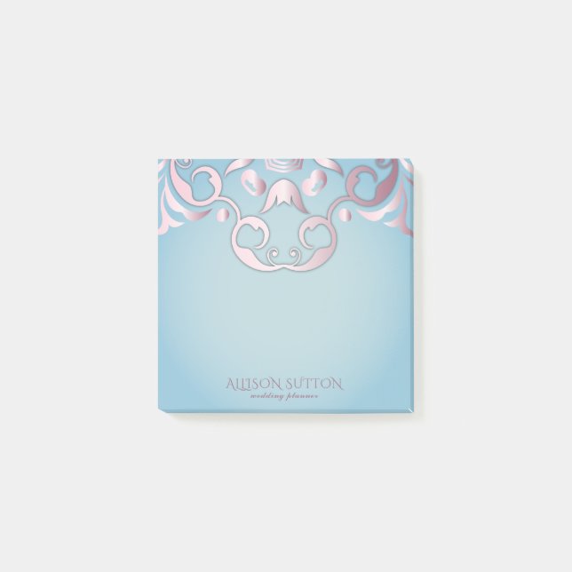Luxuriöser Chic Elegante Rosa Grenze auf Aquamarin Post-it Klebezettel (Vorderseite)