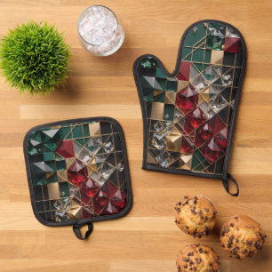Luxuriöser futuristischer Weihnachtsmosaik-Abstrak Ofenhandschuh & Topflappen-Set
