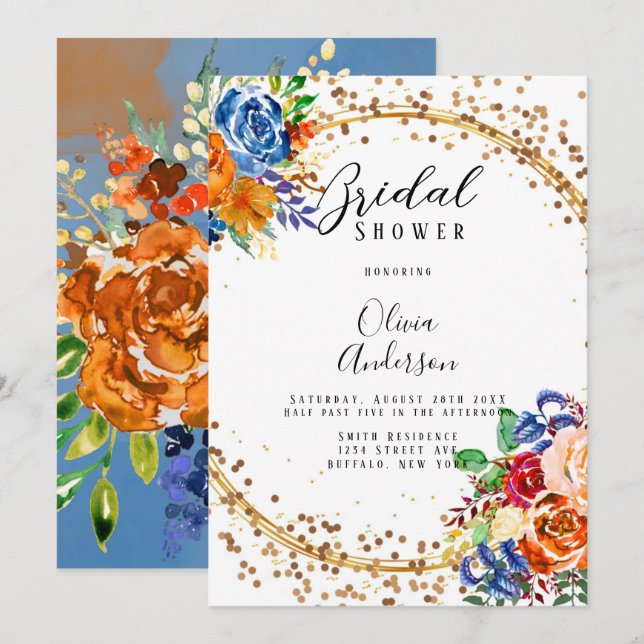 Luxuriöser Glitzer Blue Orange Blumenbeete Brautpa Einladung (Vorne/Hinten)