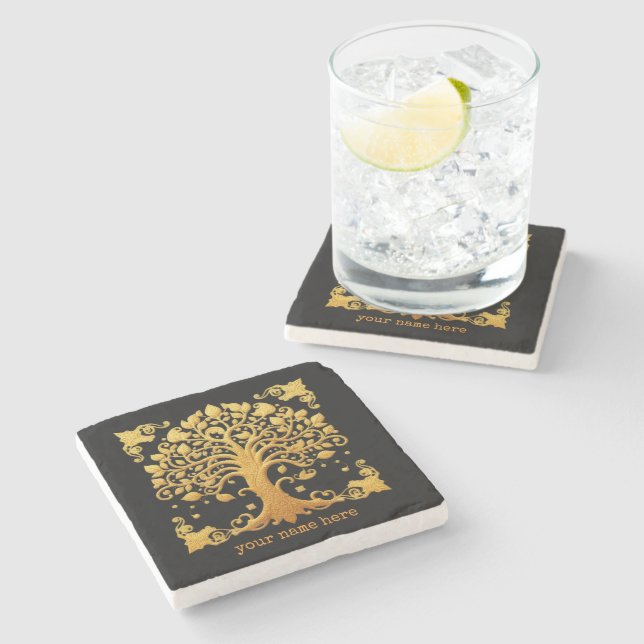 Luxuriöser Goldener Lebensbaum Steinuntersetzer (Seitenansicht)