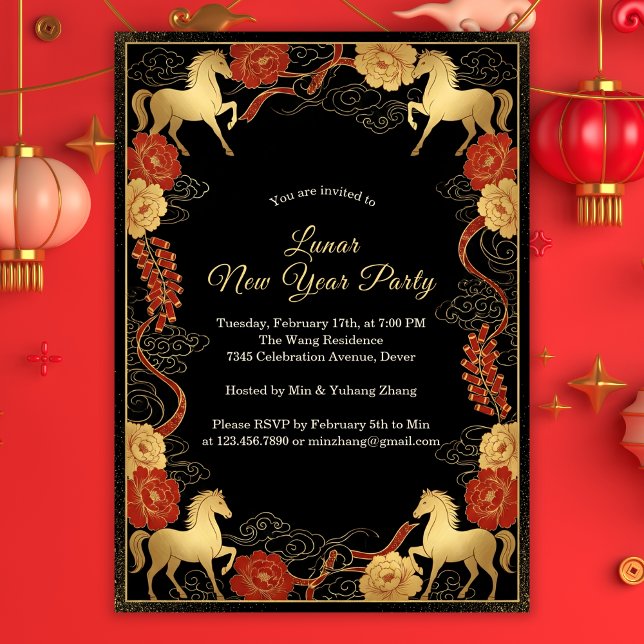 Luxuriöser Jahr des Pferdes 2026 Chinesisches Neuj Einladung (Black and Gold Chinoiserie Lunar New Year 2026 Party Invitation)