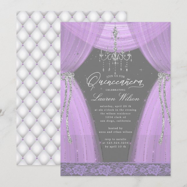 luxuriöser lila Kronleuchter in Quinceanera Einladung (Vorne/Hinten)