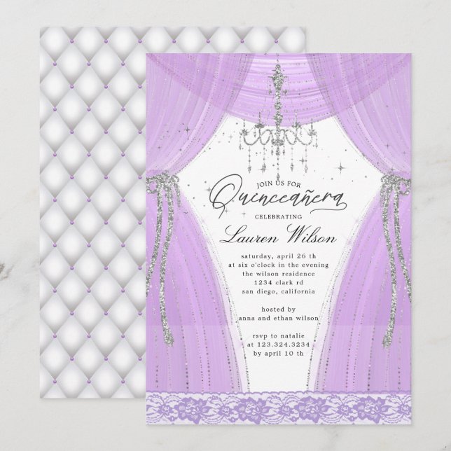 luxuriöser lila Kronleuchter in Quinceanera Einladung (Vorne/Hinten)