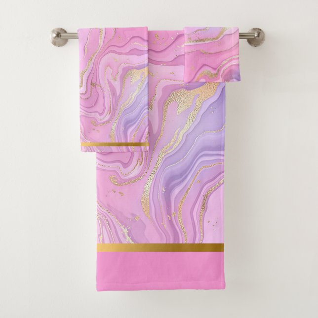 Luxuriöser Marmor Glitzer Rosa Lila Gold Badhandtuch Set (Insitu)