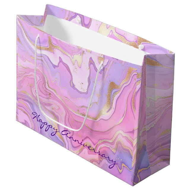 Luxuriöser Marmor Glitzer Rosa Lila Gold Große Geschenktüte (Vorderseite Schrägansicht)
