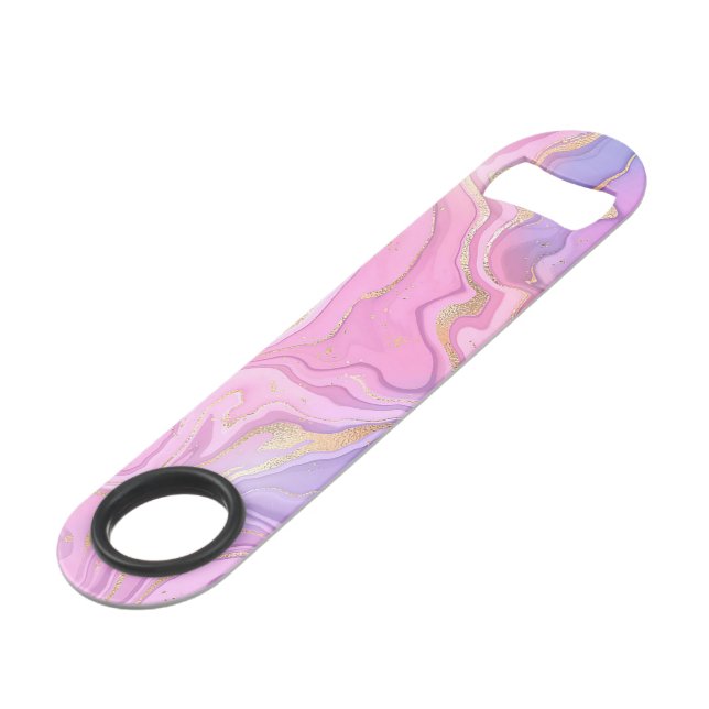 Luxuriöser Marmor Glitzer Rosa Lila Gold Speed Flaschenöffner (Vorderseite Schrägansicht)
