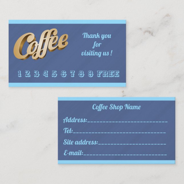 Luxuriöser, moderner, kostenloser Kaffee aus blaue Visitenkarte (Vorne/Hinten)