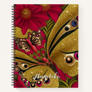 Luxuriöser Red and Gold Butterfly Individuelle Nam Notizbuch
