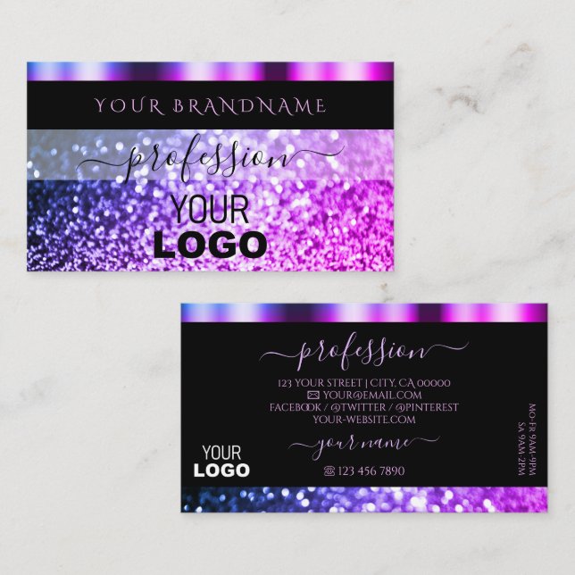 Luxuriöser Schwarz Rosa Lila Sparkle-Glitzer mit L Visitenkarte (Vorne/Hinten)