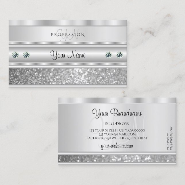 Luxuriöser Silver Sparkling Glitzer mit Monogram Visitenkarte (Vorne/Hinten)