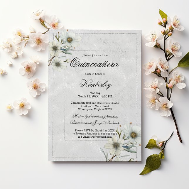 Luxuriöser weißer Glitzer mit Blumen Quinceañera Einladung (Luxury white silver glitter floral Quinceañera)