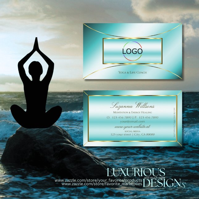 Luxuriöses Aquamarine mit Golddekor und Logo Stilv Visitenkarte (Von Creator hochgeladen)