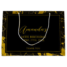 Luxuriöses Black & Gold Marmor Sweet 16 Geburtstag Große Geschenktüte
