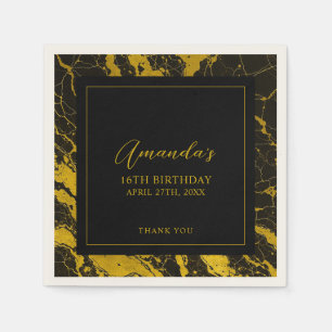 Luxuriöses Black & Gold Marmor Sweet 16 Geburtstag Serviette