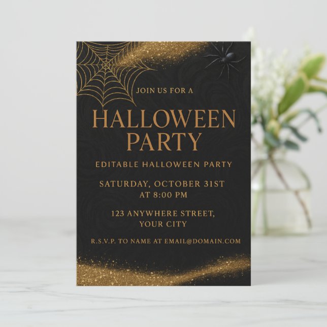 Luxuriöses Black & Gold Spooky Elegantes Halloween Einladung (Stehend Vorderseite)