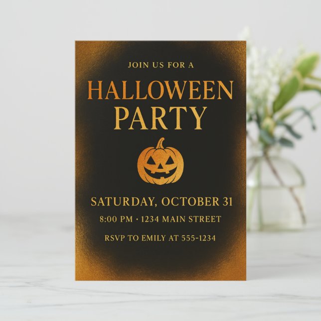 Luxuriöses Black & Gold Spooky Elegantes Halloween Einladung (Stehend Vorderseite)