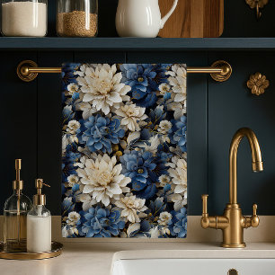 Luxuriöses blau weiß elfenbeinernes Blumenmuster w Geschirrtuch