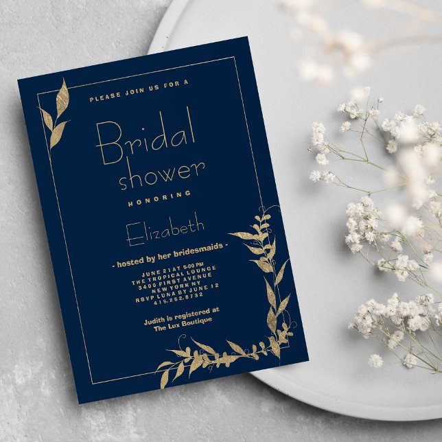 Luxuriöses blaues goldgelbes Blattwerk Brautparty Einladung (Luxury navy blue gold foliage Bridal Shower )