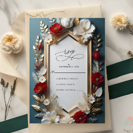 Luxuriöses Blumenmotiv mit goldenen Blätter Hochze RSVP Karte