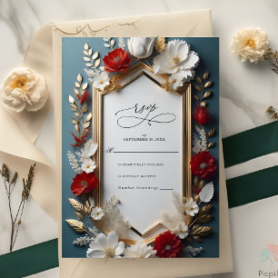 Luxuriöses Blumenmotiv mit goldenen Blätter Hochze RSVP Karte