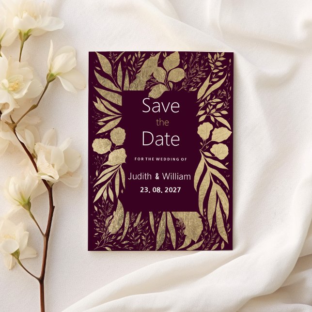 Luxuriöses Bordeaux-Blattgold Save the Date Einladung (Luxury burgundy gold foliage floral Save the Date)