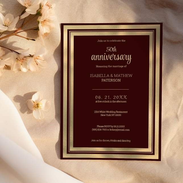 Luxuriöses Bordeaux Gold 50. Hochzeitstag Einladung (Luxury burgundy gold 50th Wedding Anniversary )