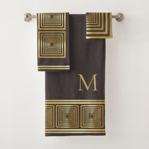 Luxuriöses braunes Gold-elegantes Monogramm-Handtu Badhandtuch Set