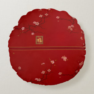 Luxuriöses chinesisches Rotkreuz-Blossom Rundes Kissen