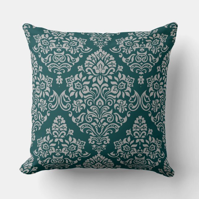 Luxuriöses Damask-Muster für tiefe türkisfarbene F Kissen (Vorderseite)