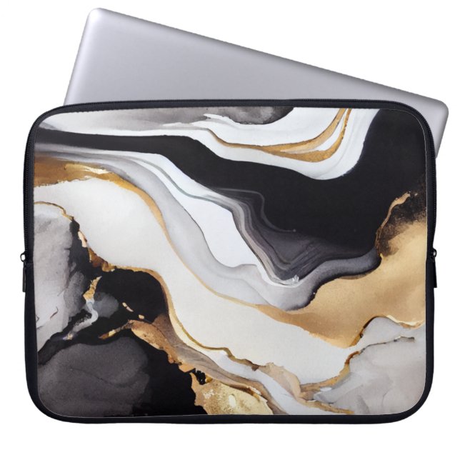 Luxuriöses Design aus Schwarz-weiß- und Goldmarmor Laptopschutzhülle (Vorderseite)