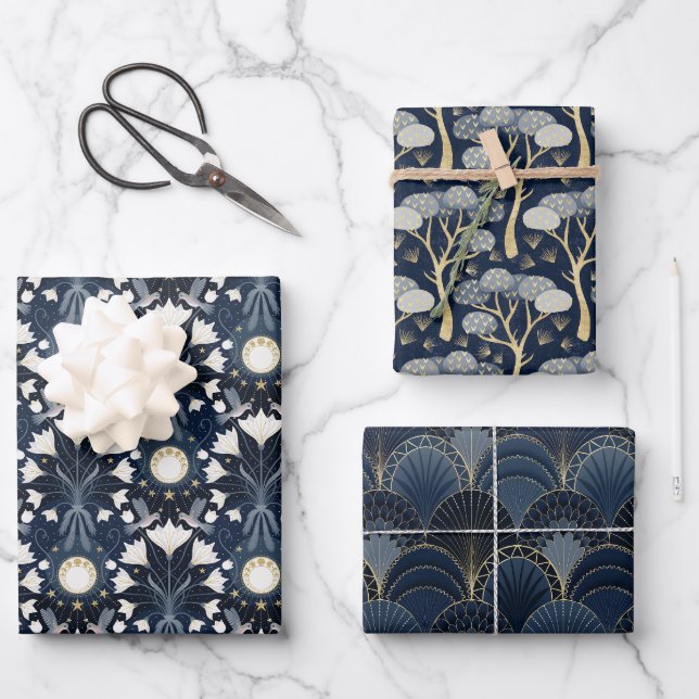 Luxuriöses Design Blau und Gold Art Deco Muster Geschenkpapier Set (Vorderseite)