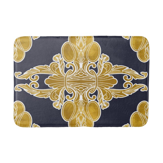 Luxuriöses Design, Blumenmuster, Marineblau, Gold Badematte (Vorderseite)