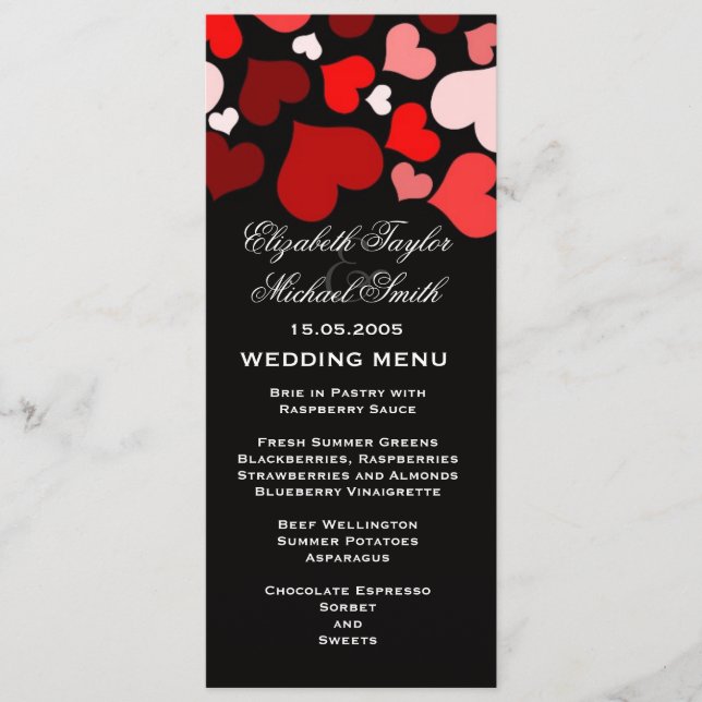Luxuriöses elegantes Schwarz/Rotes Herz-Hochzeitsm Menükarte (Vorderseite)