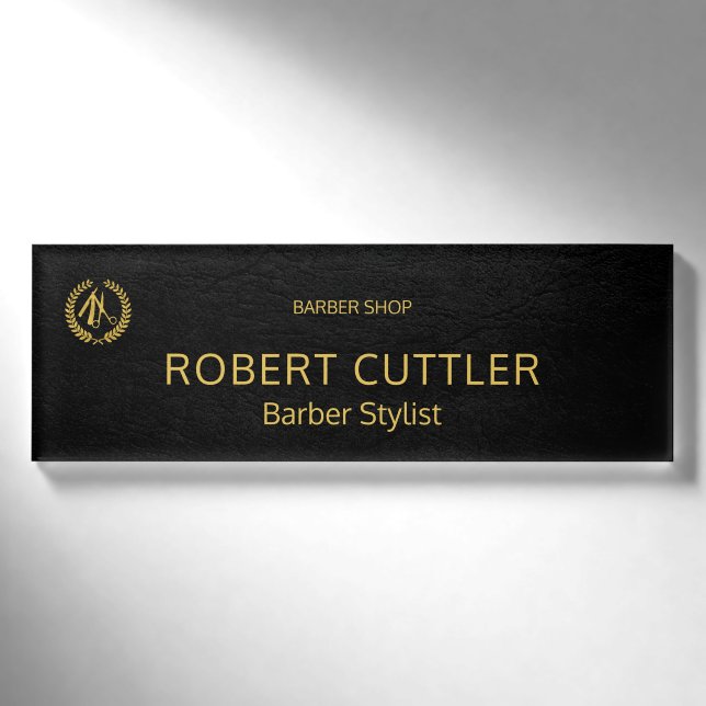 Luxuriöses Friseur-Shop schwarzes Leder Look Gold Namenschild (Vorderseite)