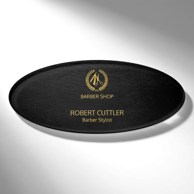 Luxuriöses Friseur-Shop schwarzes Leder Look Gold Namenschild (Vorderseite)
