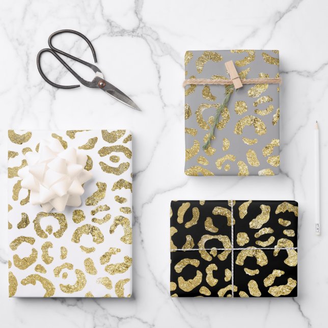Luxuriöses Glam Gold Gray Leopard Print Set 3 Geschenkpapier Set (Vorderseite)