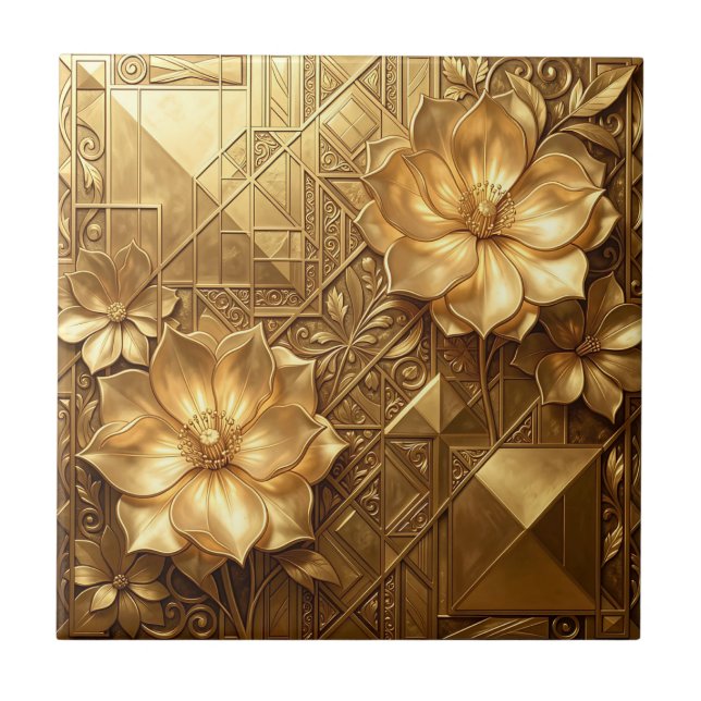 Luxuriöses Gold Art Deco Blumenmuster Fliese (Vorderseite)