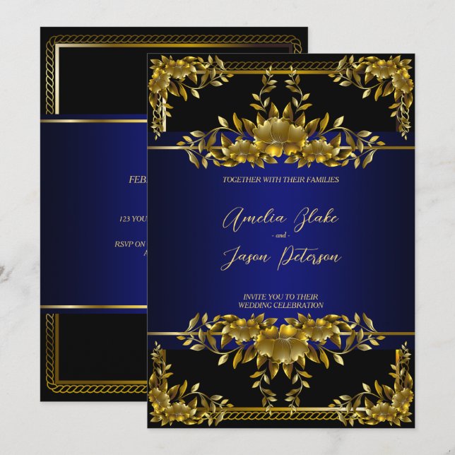 Luxuriöses Gold Carving Floral | Blau Einladung (Vorne/Hinten)