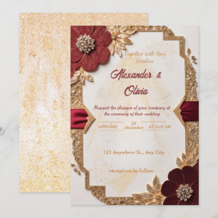 Luxuriöses Gold und Burgund Bloral Wedding Einladu Einladung