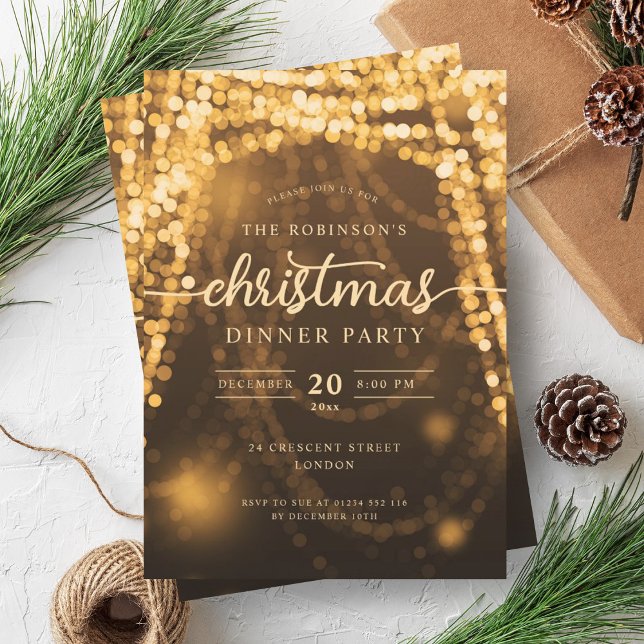 Luxuriöses Gold Winter Lights Weihnachts-Party Einladung (Luxurious Gold Winter Lights Christmas Party Invitation)