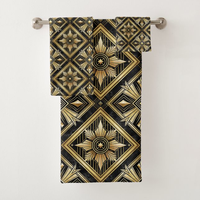Luxuriöses Golden Geometric 1920er Jahre Dimond Ar Badhandtuch Set (Insitu)