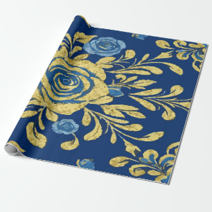 Luxuriöses goldenes Blumendesign auf tiefblauem Hi Geschenkpapier