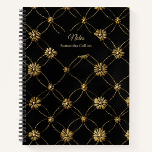 Luxuriöses goldenes Blumenmuster auf schwarzem Hin Notizbuch