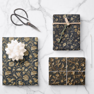 Luxuriöses goldverkleidetes Blumenmuster Geschenkpapier Set