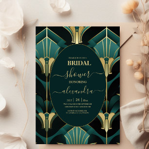 Luxuriöses Green und Gold Art Deco Brautparty Einladung