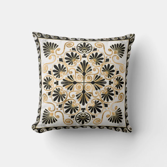 Luxuriöses griechisches Ornament Schwarz-Weiß-Marm Kissen (Vorderseite)