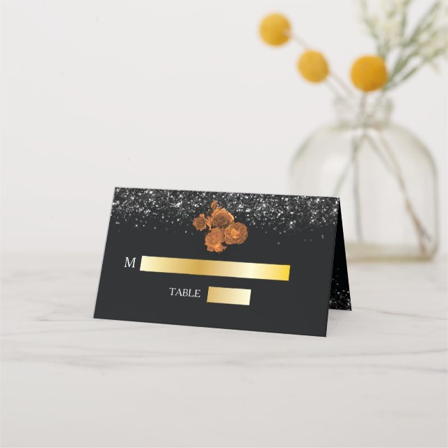 Luxuriöses Hochzeitsdesign in Schwarz und Orange B Platzkarte (Vorderseite)