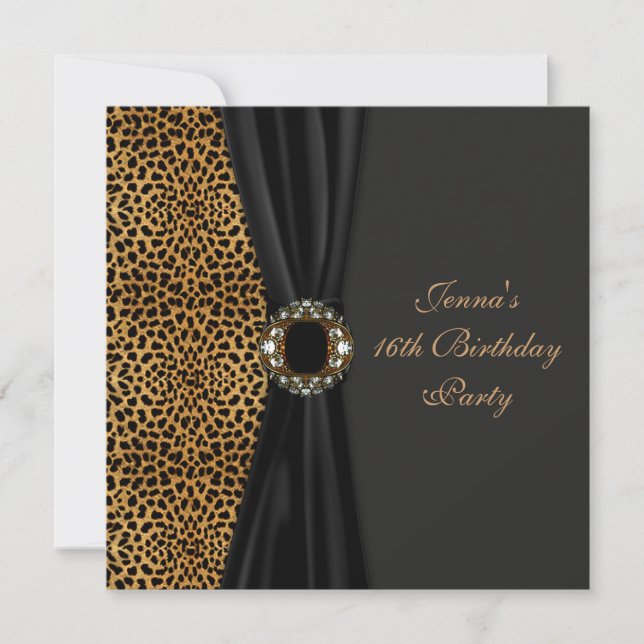 Luxuriöses Leopard Classy Black 16 . Geburtstag Pa Einladung (Vorderseite)