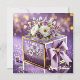 Luxuriöses lila Glas Blumengeschenk Goldchiffonbog Feiertagskarte