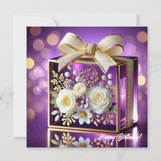 Luxuriöses lila Glas Blumengeschenk Goldchiffonbog Feiertagskarte